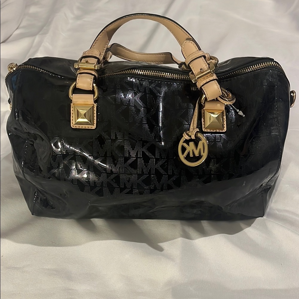 Michael Kors Glossy Black and Tan Satchel